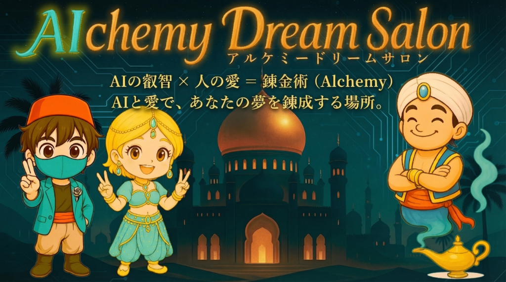Alchemy Dream Salon メインビジュアル: AIの叡智×人の愛＝錬金術。AIと愛で、あなたの夢を錬成する場所。