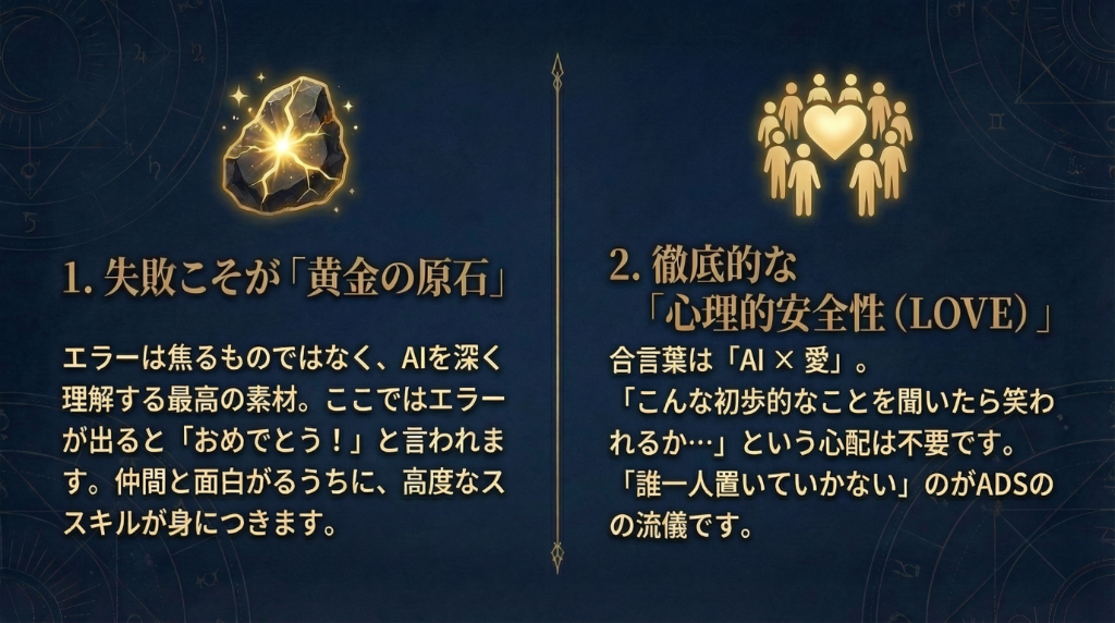 1. 失敗こそが黄金の原石。エラーはおめでとう！ 2. 徹底的な心理的安全性（LOVE）。