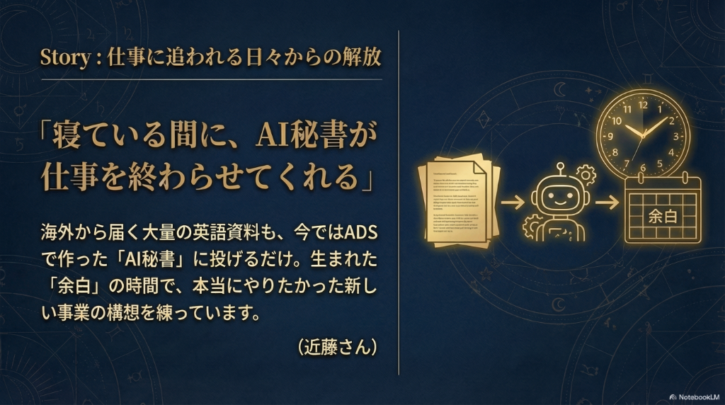 Story 03: 仕事に追われる日々からの解放。「寝ている間にAI秘書が仕事を終わらせてくれる」