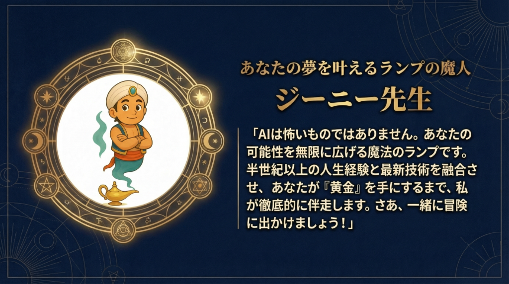 あなたの夢を叶えるランプの魔人 ジーニー先生。半世紀以上の人生経験と最新技術を融合させ、あなたが黄金を手にするまで伴走します。
